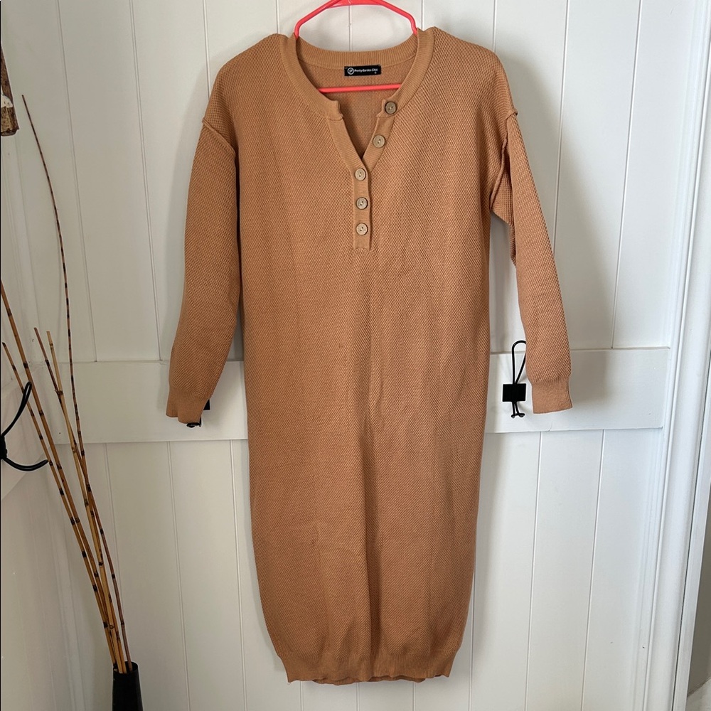 Women's Camel V-Neck Sweater Dress